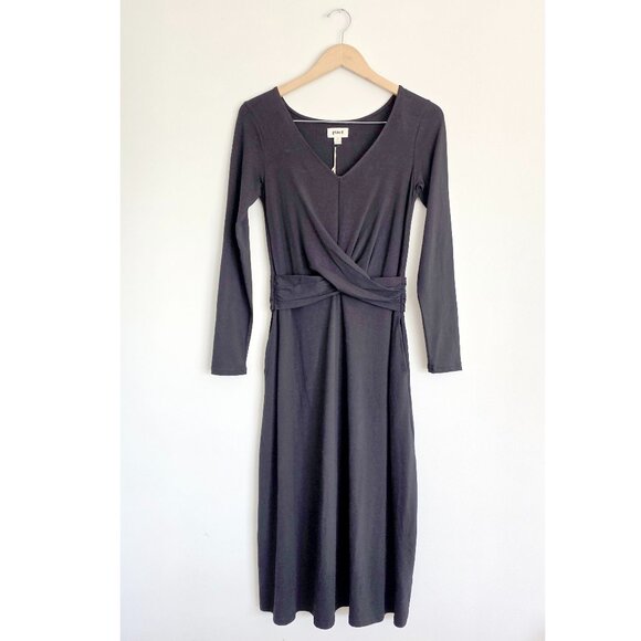 NWT Pact Black Fit & Flare Classic Long Sleeve Cross Wrap Front A Line Dress - Picture 1 of 9